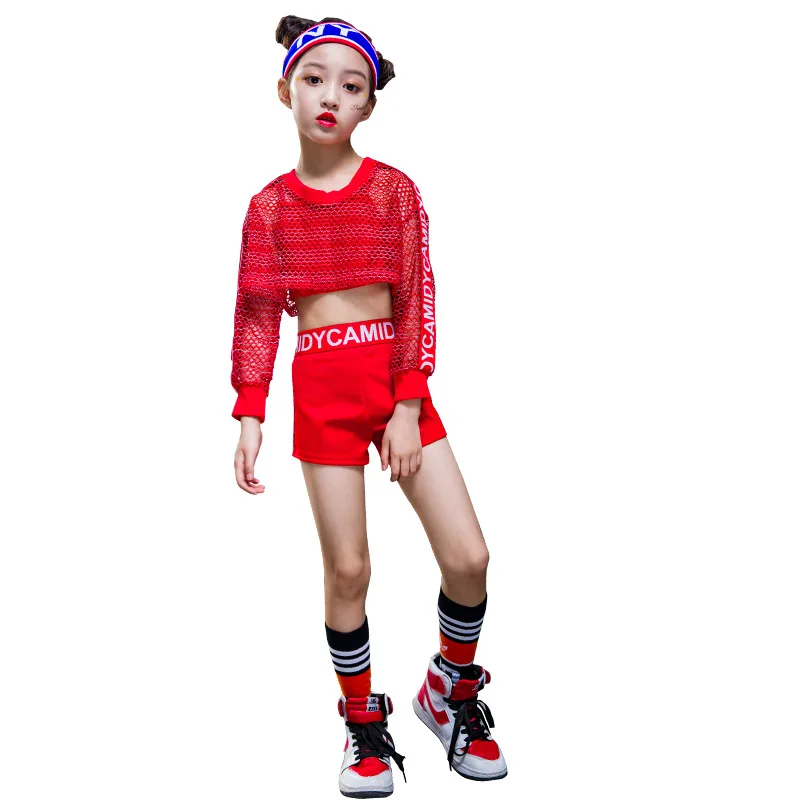 Fantasia para dança de rua jazz, fantasia infantil de hip hop para meninas, roupa de dança de palco com tecido arrastão vermelho + colete + shorts 3 tamanhos