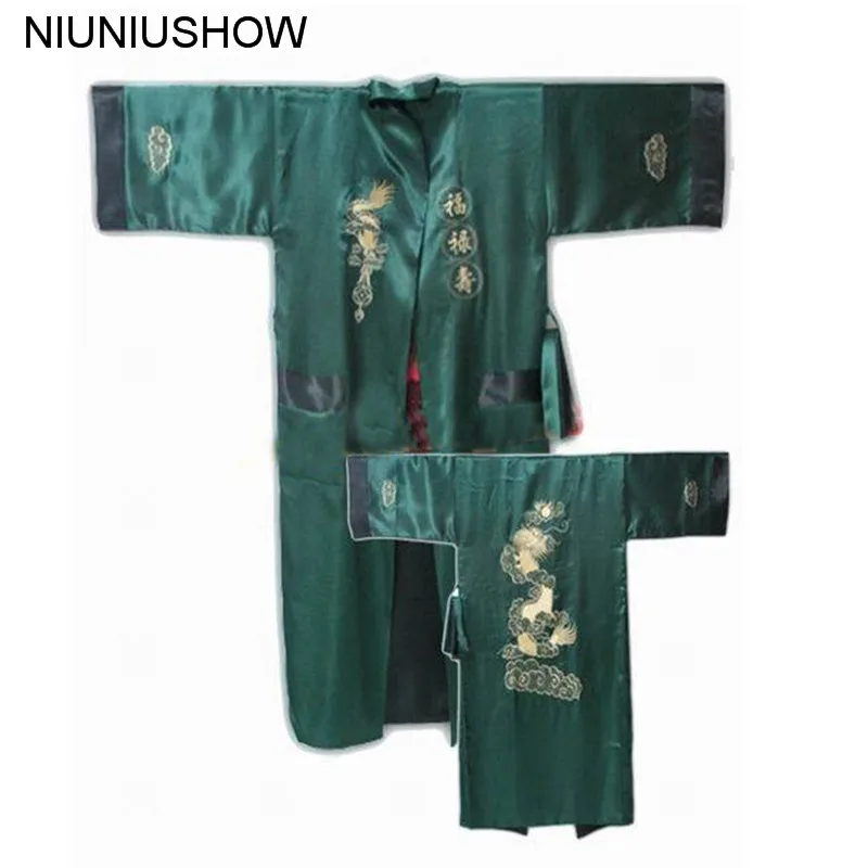 Groen Zwart Omkeerbare Chinese Mannen Borduren Kimono Satin Silk Two-Face Robe Bad Gown Dragon One Size S3002