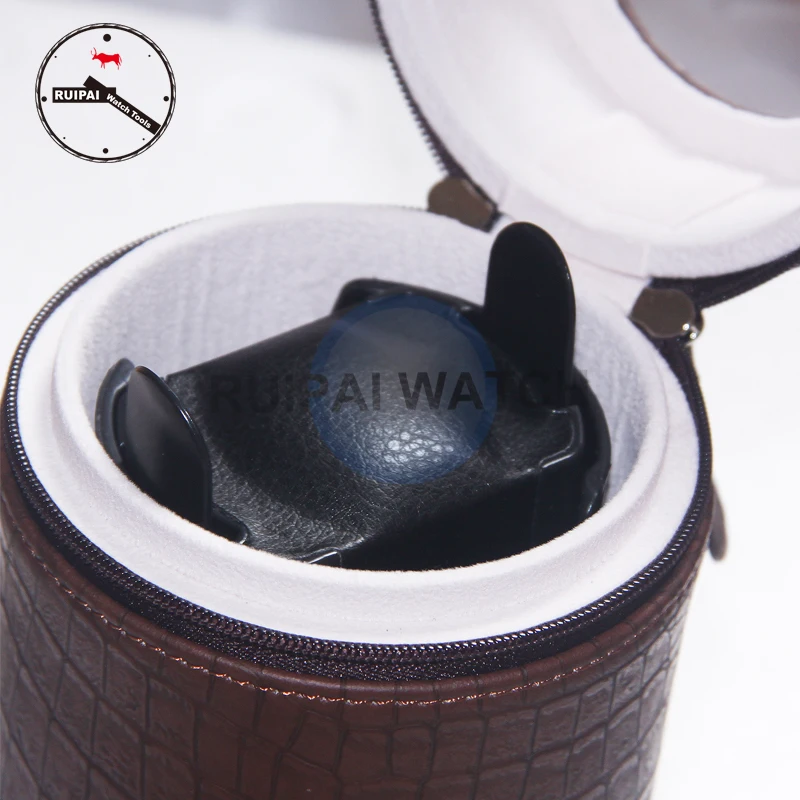 Brown PU Leather 3 Modes Automatic Self  Winding Box,Watch Storage Tools Round Type Portable Watch Winder