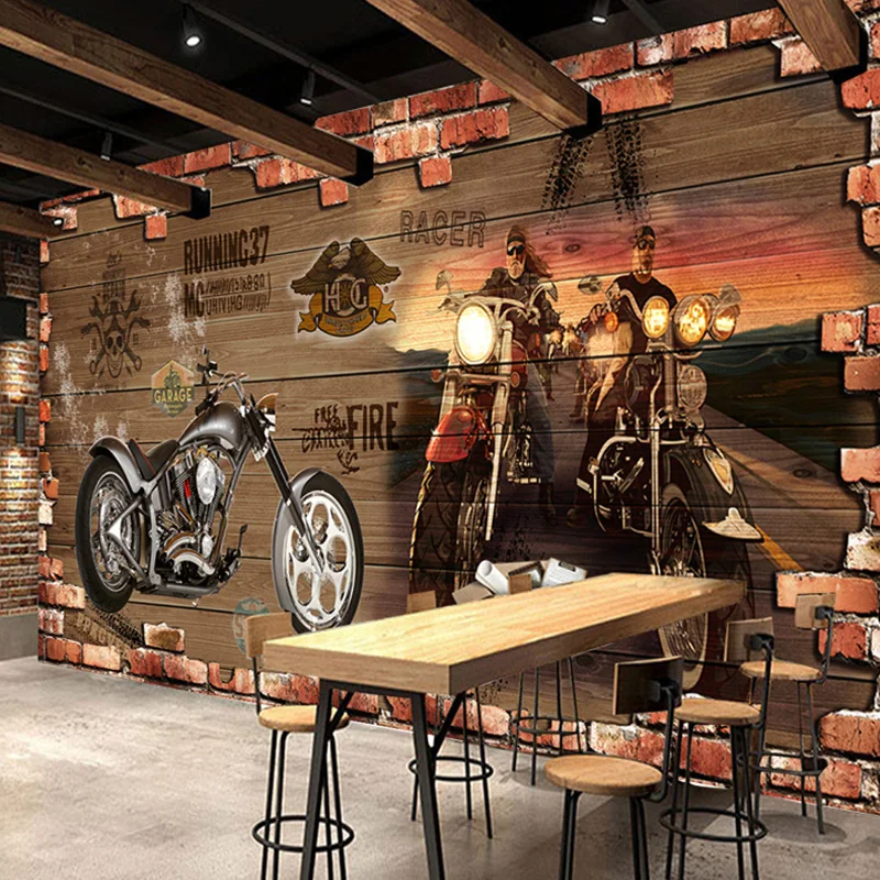 Papel tapiz De ladrillo De motocicleta Retro personalizado, decoración creativa De restaurante y cafetería, Mural en relieve 3D, Papel De pared 3 D