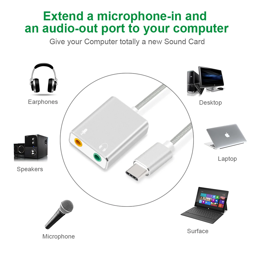 USB Type C Type-C External Sound Card Adapter Audio Card USB-C to Jack 3.5mm Earphone Micphone for Laptop Macbook Pro