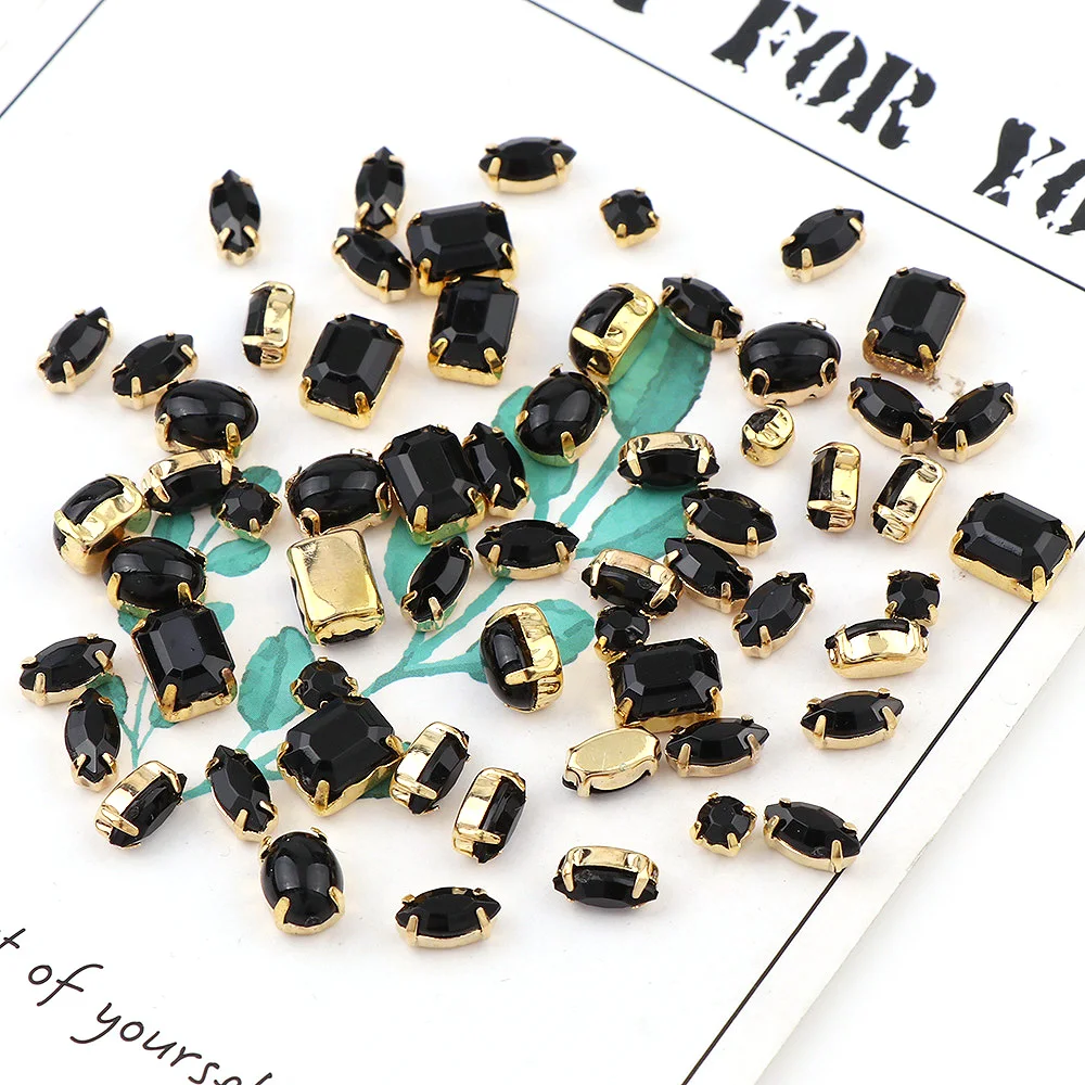 60Pcs Mixed Shape Black Resin Opal With Gold Base Copper Claw Stone Strass Diamond Stones For DIY Nail Art Decoration