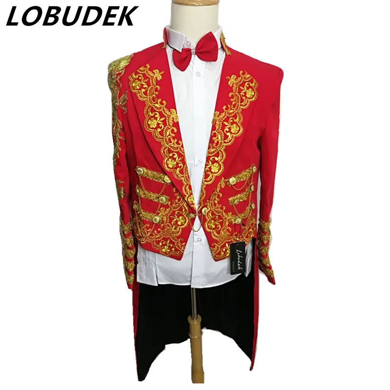 

red long jacket blazer tuxedo magic costumes wedding party groom prom formal overcoat topcoat coat singer dancer stage