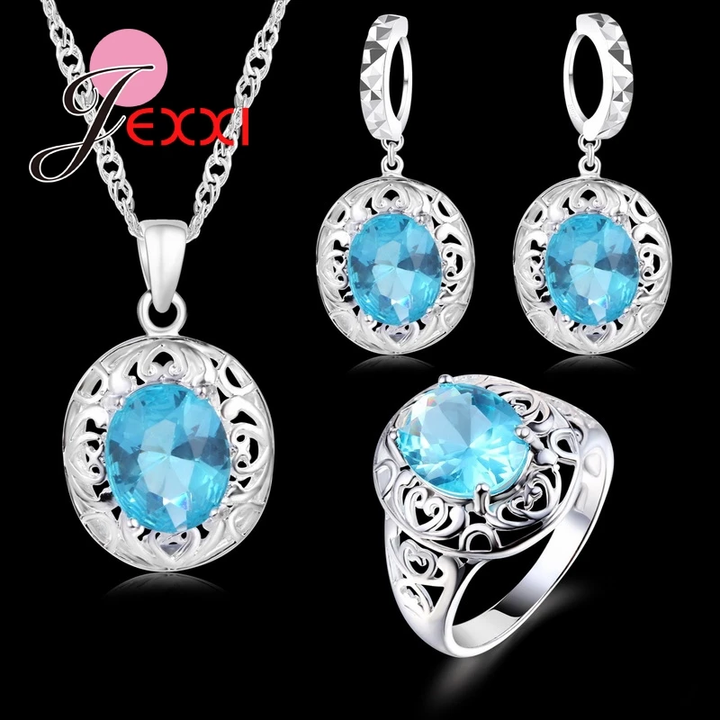 Top Grade Wedding Jewelry for Bridal 925 Sterling Silver  Blue Crystal Zircon Earrings+ Ring+Necklace Bridal Jewelry Sets