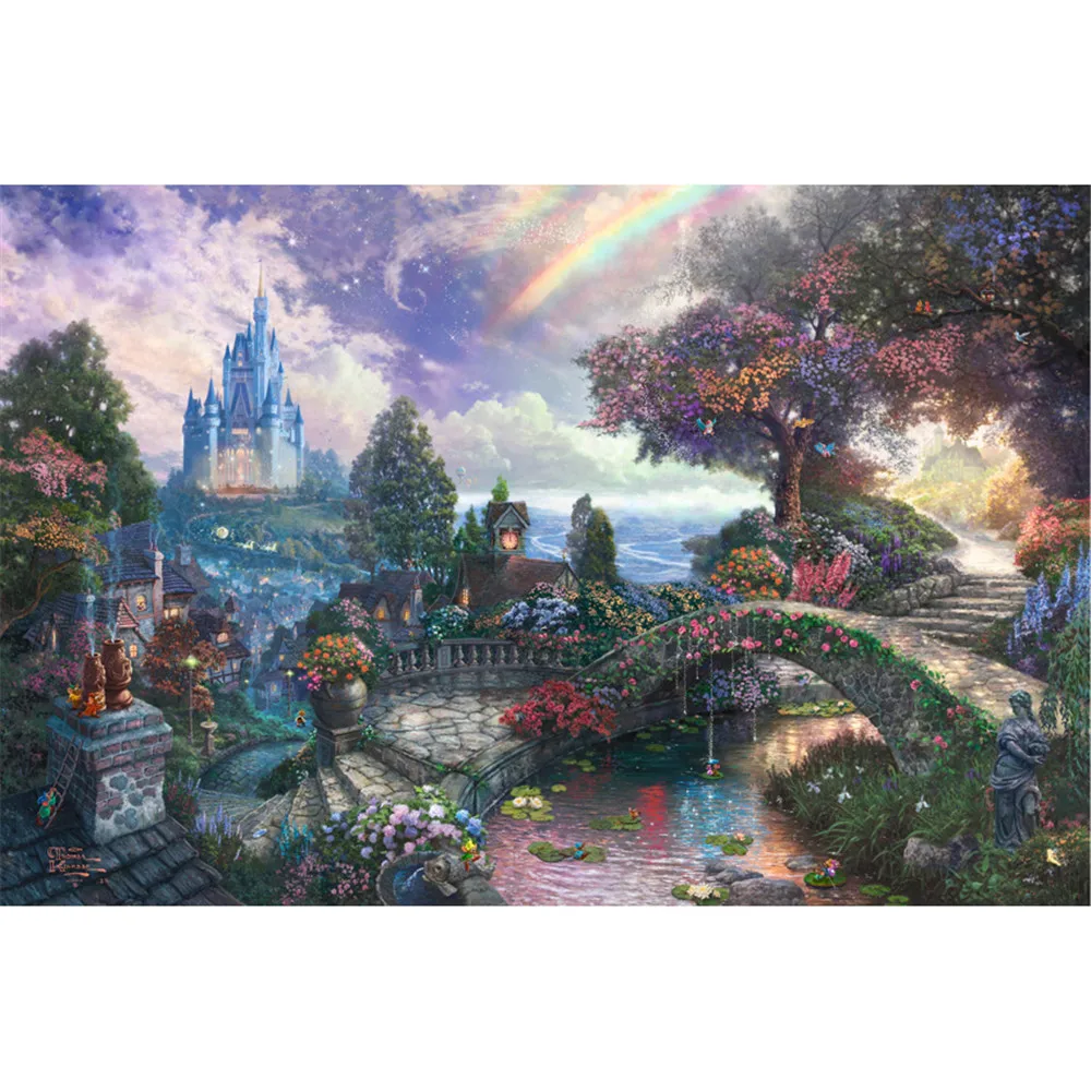 

Fantasy Fairyland Garden Scenic Photography Backdrops Rainbow Trees Flowers Castle Princess Birthday Party Photo Backgrounds