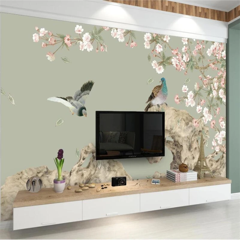 

beibehang Custom wallpaper 3d murals peach hand-painted pen and flower new Chinese background wall decoration painting wallpaper