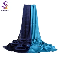 [BYSIFA] Women Blue Gradient Silk Scarf Cape Fashion Accessories Satin Long Scarves Wraps Spring Autumn Winter Muslim Head Scarf