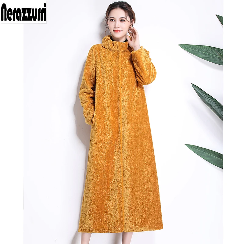 Nerazzurri Winter Fluffy Warm Soft Faux Fur Coat Women Fashion Casual Extra Long Fake Lamb Fur Overcoat Outerwear 5xl 6xl 7xl