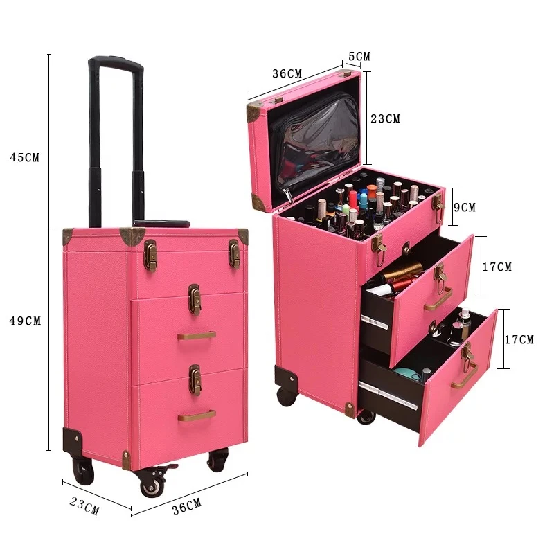 New Nail tattoo Rolling luggage bag girls multifunction trolley suitcase Women multilayer high quality cosmetic case with wheel