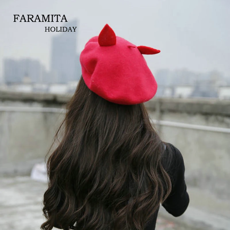 

Faramita Holiday Firefox Ears Women Hand-made Berets Red Fox Spring Beret Wool Felt Lovely Autumn Manual Cap Hat Painter Hats