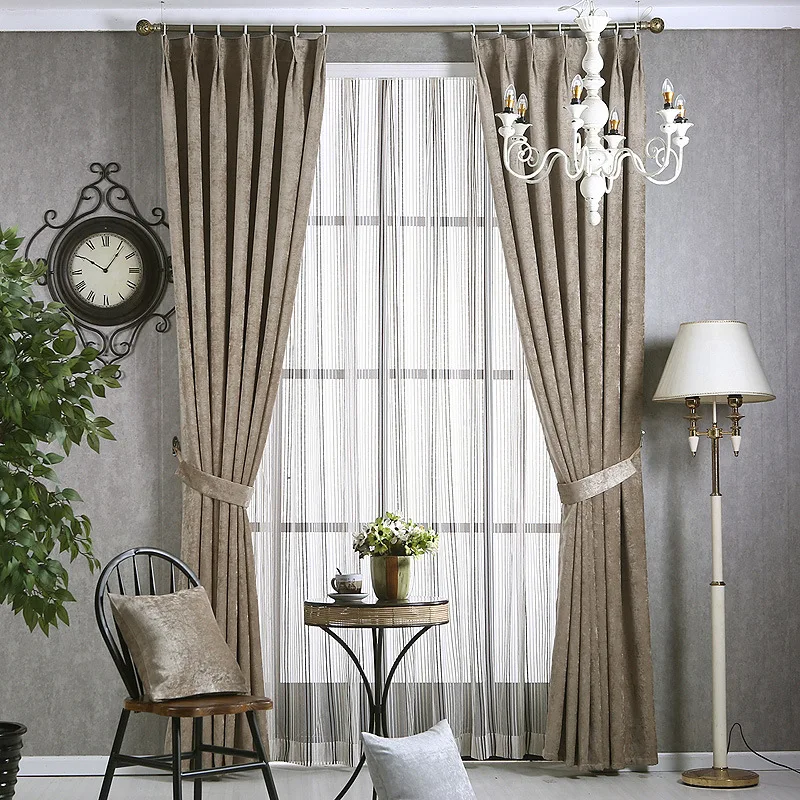 High Shading Modern Solid Color Chenille Cloth Blackout Curtain for Living Room Bedroom Window Striped Tulle Home Decoration