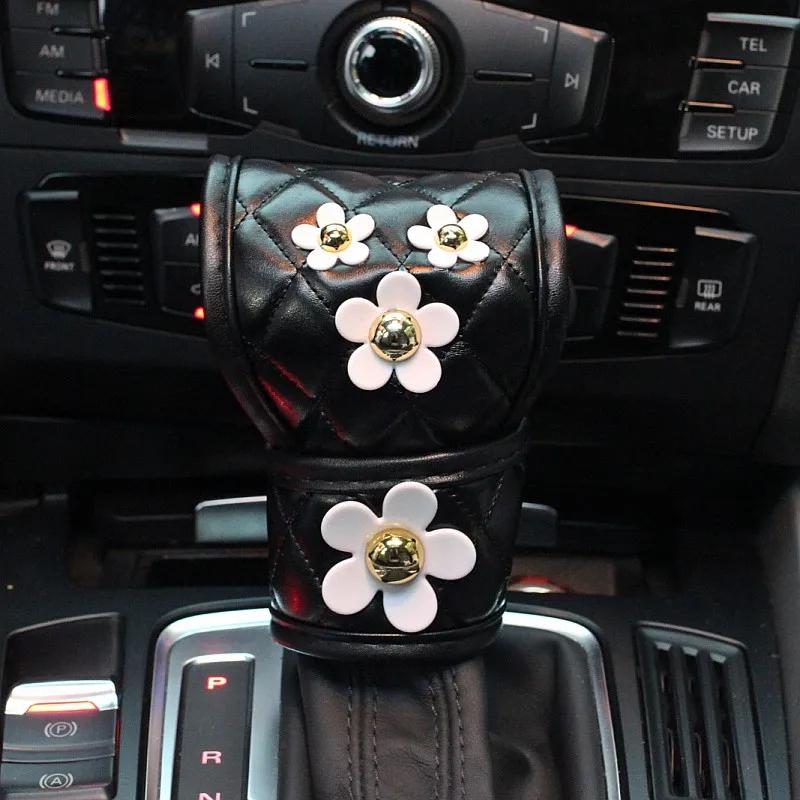 Cute Daisy Flower Auto Interior Leather Steering Wheel Cover Decoration Gear Shifter Hand Brake Case Seat Belt Car Accessories