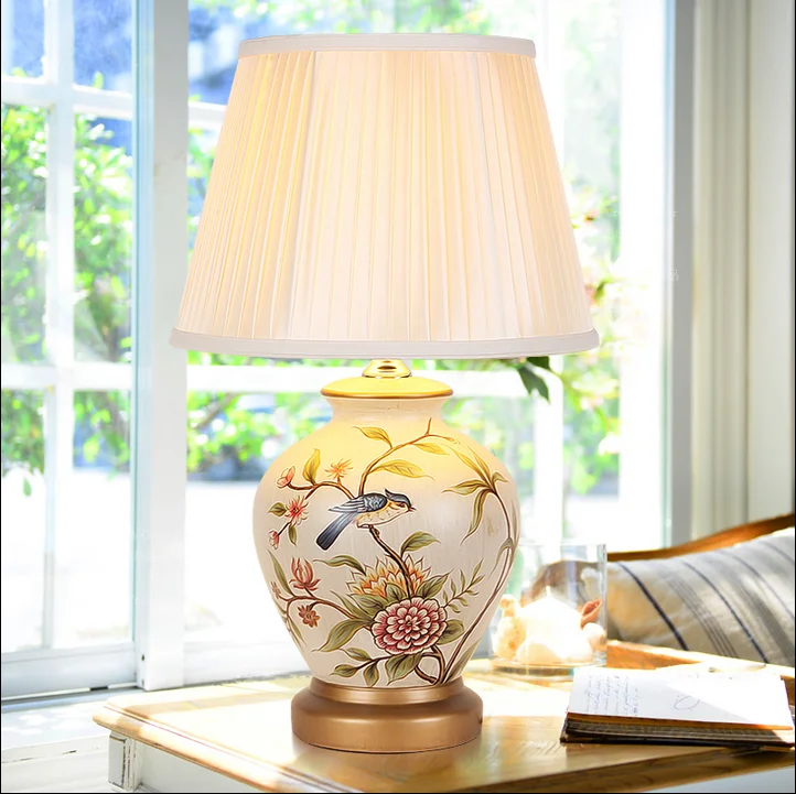 Chinese style white flower&bird ceramic Table Lamps  Elegant gleam cloth lampshade E27 LED lamp for bedside&foyer&studio MF021