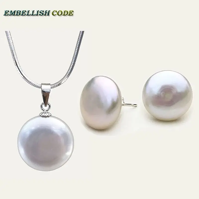 

18'' 20inch Simple baroque pearl sets stud earrings pendant necklace white color flat round Button coin real pearls