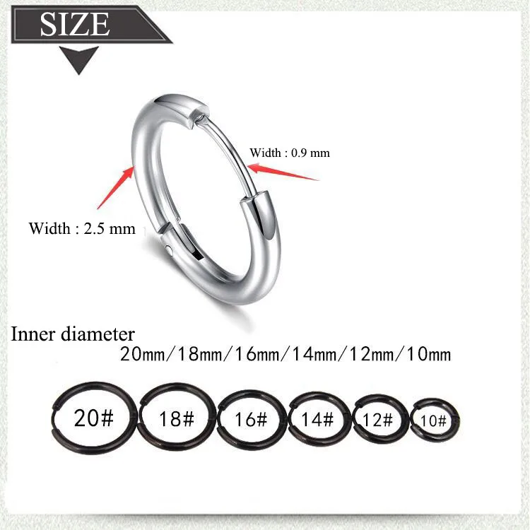 Wholesale Jewelry -- Titanium steel Men\'s Smooth Hoop Earrings Jewelry 10mm / 12mm / 14mm / 16mm / 18mm / 20mm