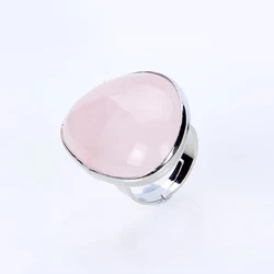 Irregular Shape Reiki Pink Crystal Quartz Rings for Girls Women Big Natural Stone Geometric Silver Color Ring Fashion Jewelry