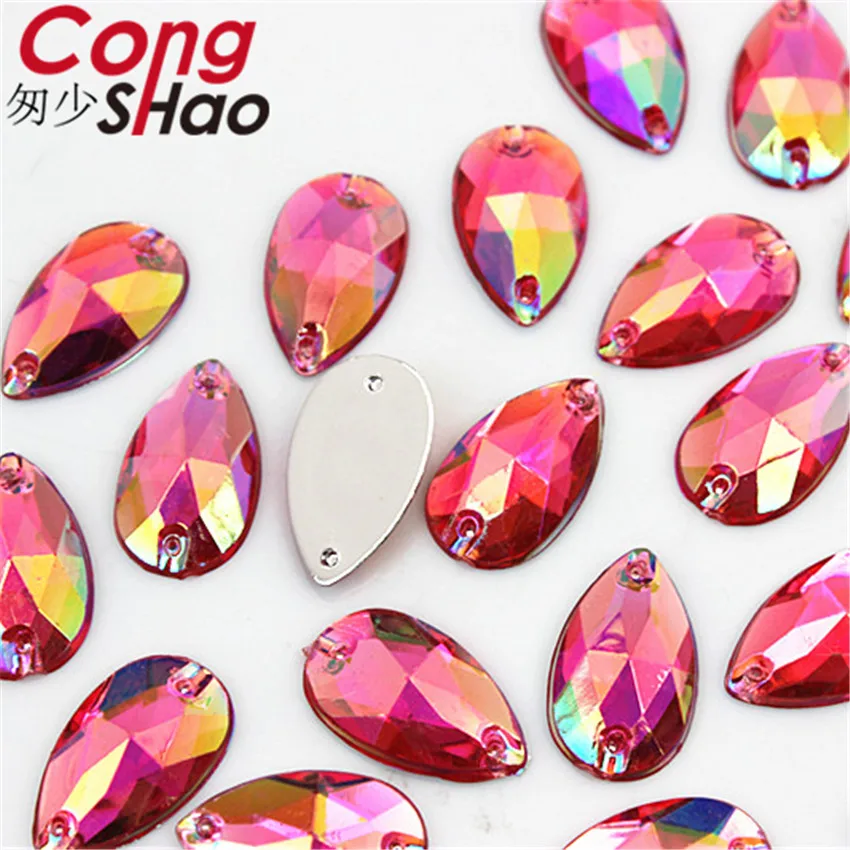 Cong Shao 100 Pz 11*18mm AB Colorato Goccia flatback pietre e cristalli Acrilico Strass da cucire 2 Fori DIY Pulsante costume CS640