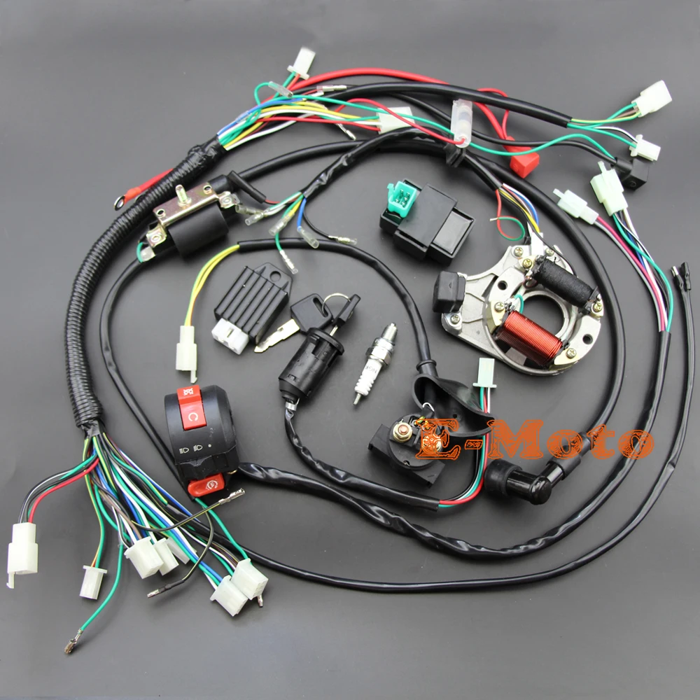 Full Electrics wiring harness CDI Coil Kill Switch C7HSA Spark Plug 50cc 70cc 90cc 110cc 125cc ATV Quad Pit Bike Buggy Go Kart