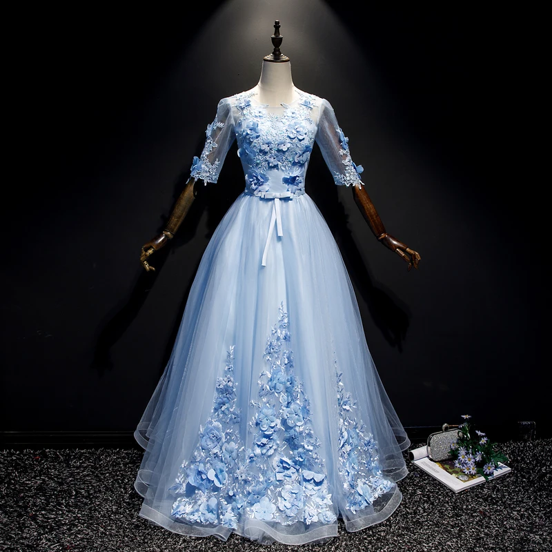 Ánh Sáng Xanh Dương Quinceanera Đầm Tay Lửng 3D Hoa Bầu Vũ Hội Chính Thức Đầm Đầm Vestido 15 Anos Vestidos De Quinceaneras