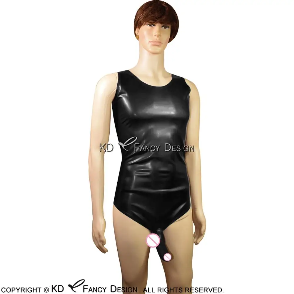 Schwarz Sexy Latex Catsuit Badeanzug Mit Penis Mantel Kurzen Ärmeln Rubber Body Insgesamt Zentai Körper Anzug LTY-0106