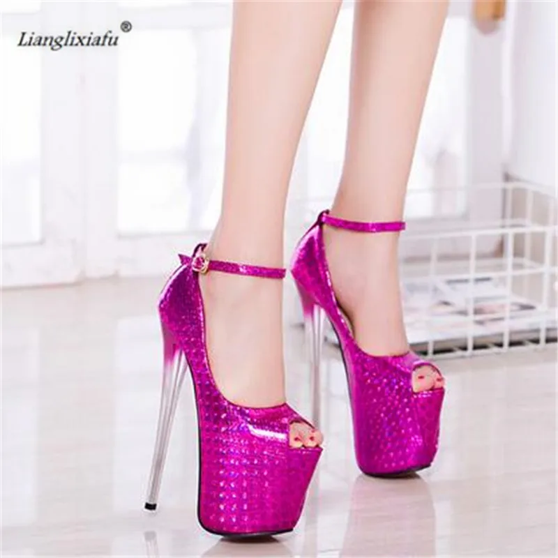 LLXF Plus:34-47 48 49 50 Fashion Patent Leather Stiletto 19cm Thin High Heels Platform Shoes Buckle Women Peep Toe Pumps Zapatos