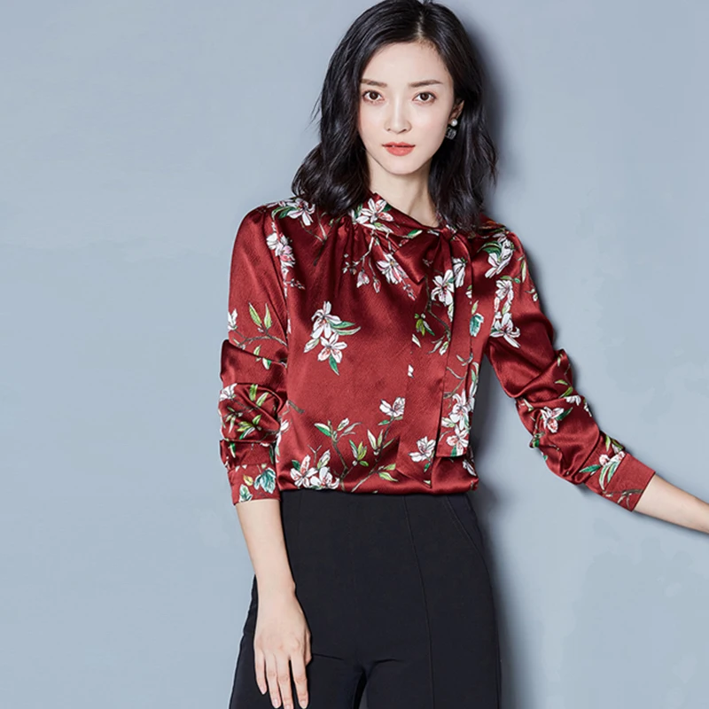 100% Áo Lụa Nữ Áo Thun In Hình Vintage Thiết Kế Tay Dài Công Sở Hàng Đầu Thanh Lịch Phong Cách Thời Trang Mới 2017