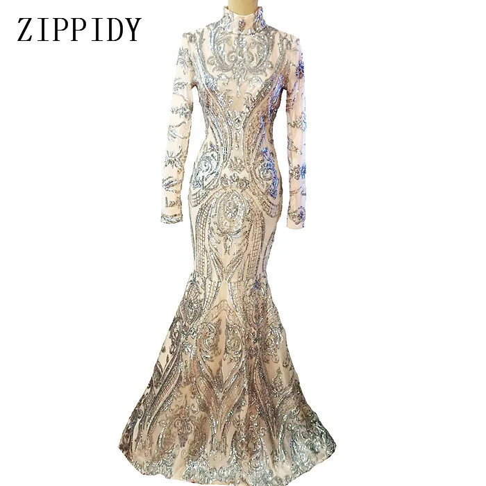 Fashion Bright Sequins Stones Mesh See Through Long Dress Women's Celebrate Singer Show Outfit Fashion Costume Nightclub Dress