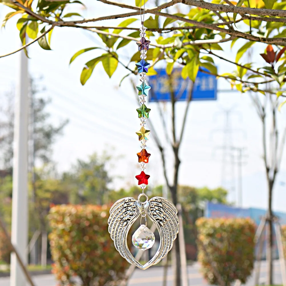 

H&D Chakra Crystal Guardian Angel Wings Suncatcher Rainbow Maker Collection with Crystal Ball Hanging For Home Garden Decoration