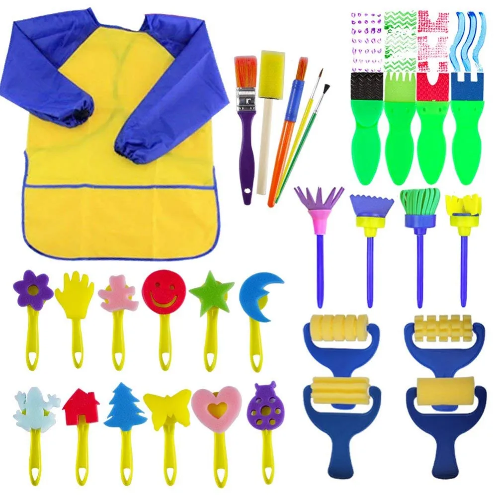 XRHYY 29 Pcs Of Fun Paint Brushes Paint Sponges For Kids&Toddlers Sponge Flower Pattern Brush 1Set Long Sleeve Waterproof Apron