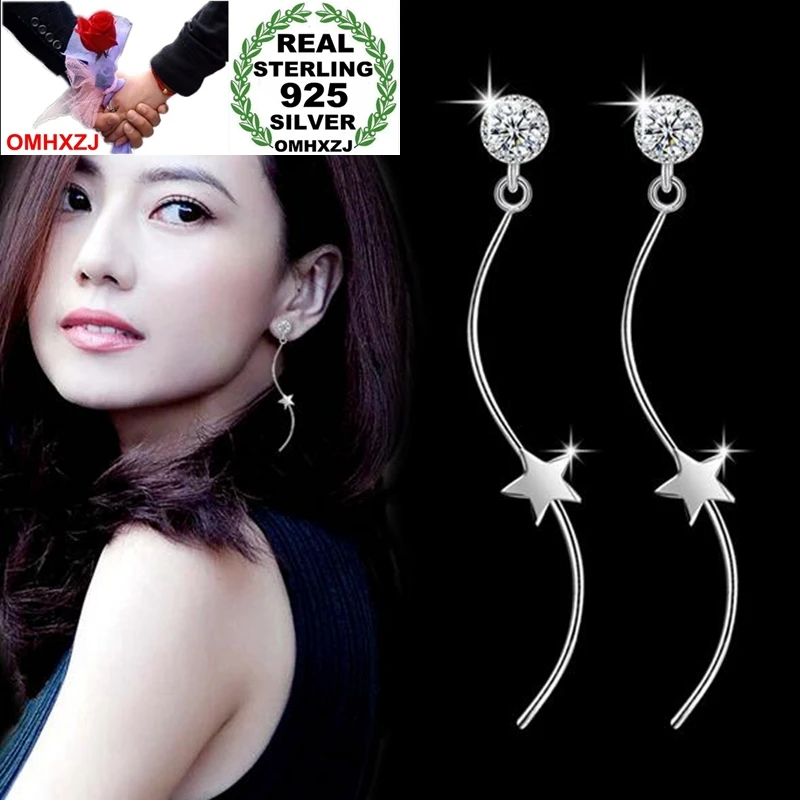OMHXZJ Wholesale Jewelry Sweet Fashion joker for Woman Brid Pentagram 925 Sterling Silver Long Curved Tassel Stud Earrings YS272