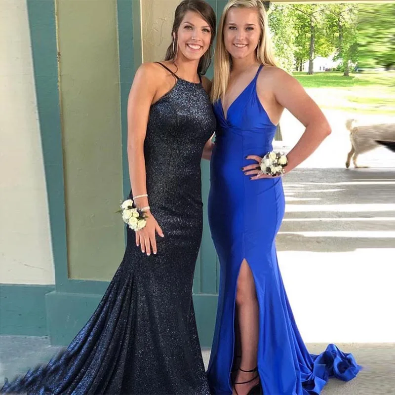 Sexy V-neck Royal Blue Evening Dress Sleeveless Front Split Vestido De Noite Full Length Women Formal Evening Party Gowns 2019