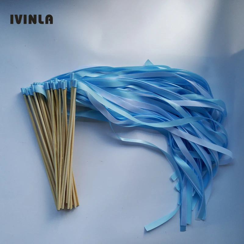 50pcs/lot  light blue white wedding ribbon stick wands Twirling Streamers  without bell for wedding decoration