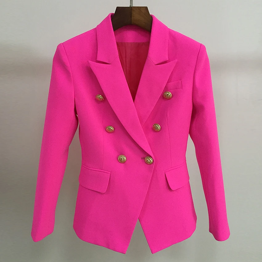 Orange Fushia Rose Blazer Women Office Ladies Gold Double Breasted Buttons Rose Pink Autumn New Fashion Women\'s  Blazers Jacket