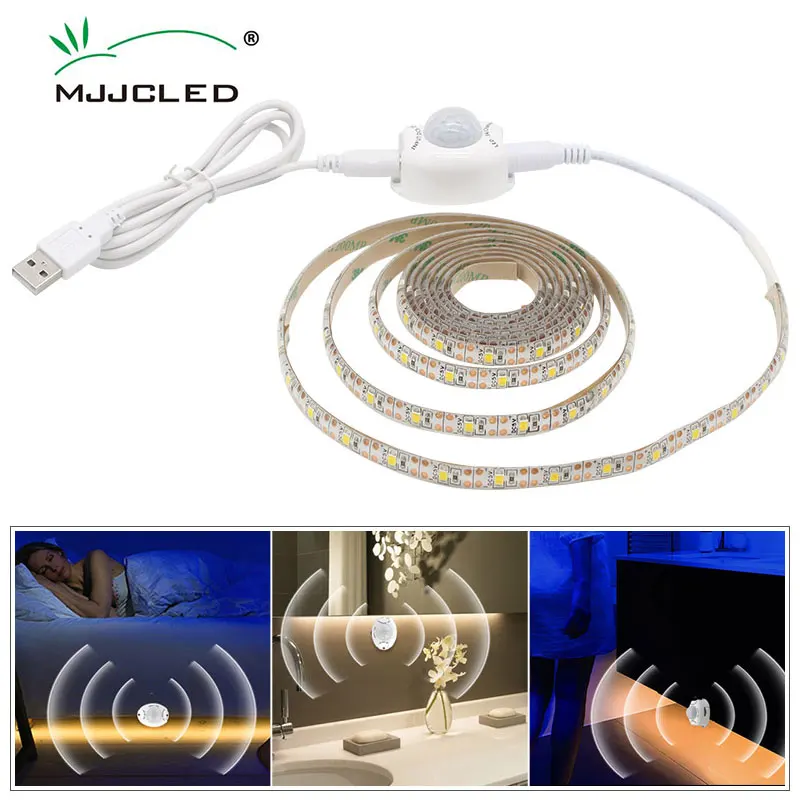 0.5m-3m USB Motion Sensor LED Strip Light Cupboard Wardrobe Bed Lamp Waterproof IP65 Warm White Flexible LED Strip 5V Tape