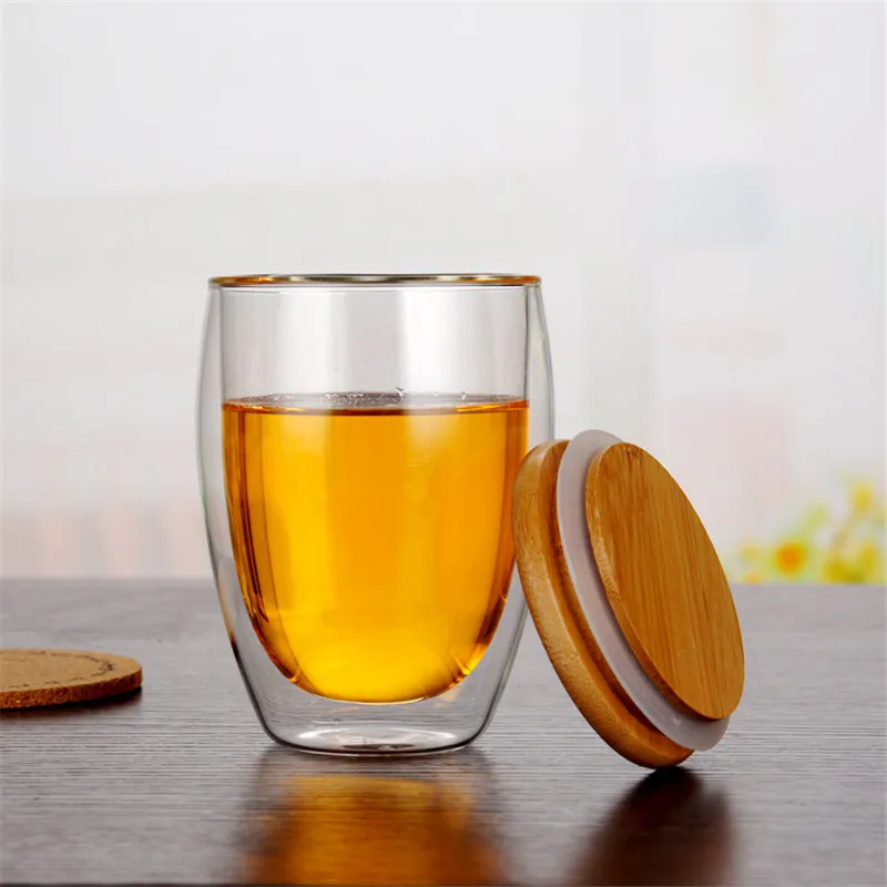 Transparent Double Wall Glass Mug With Bamboo Lid  Resistant Tea Beer Mug Milk Lemon Juice Cup Drinkware Lover Coffee Cups Mug