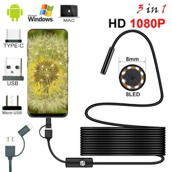 New 8mm Endoscope Camera 1080P HD USB Endoscope With 8 LED 1/2/5M Flexible Cable Waterproof Inspection Borescope for Android PC