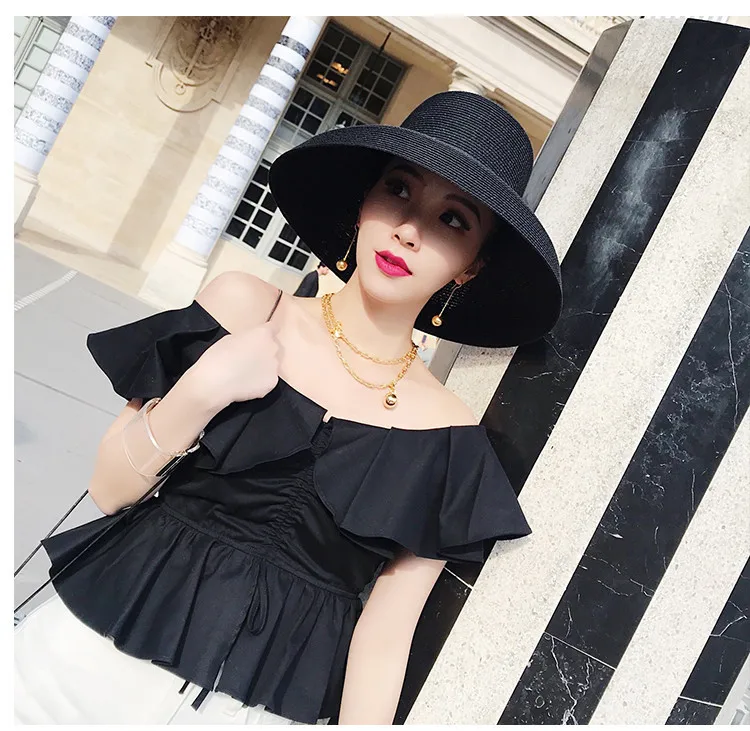 

big brim hat vintage high pretend bility tourist beach atmosphere Audrey Hepburn straw hat sunken modelling tool bell-shaped