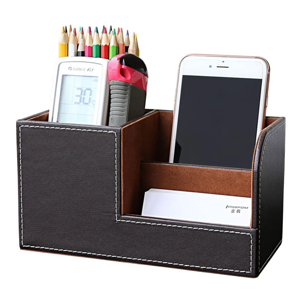 XRHYY Brown Wooden Pu Leather Multi-function Desk Stationery Organizer Storage Box Pen/Pencil/Name Cards Remote Control Holder