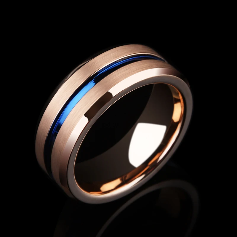 8mm Rose Gold Tungsten Carbide Wedding Rings Groove Blue Brushed Finishing for Man Size 7-12