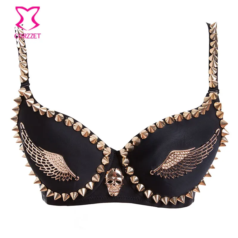 Exotic Lingerie Black Cotton Gold Stud Rivet Spike/Wings Women Sexy Brassiere Nightclub Steampunk Belly Dance Push Up Bra Top