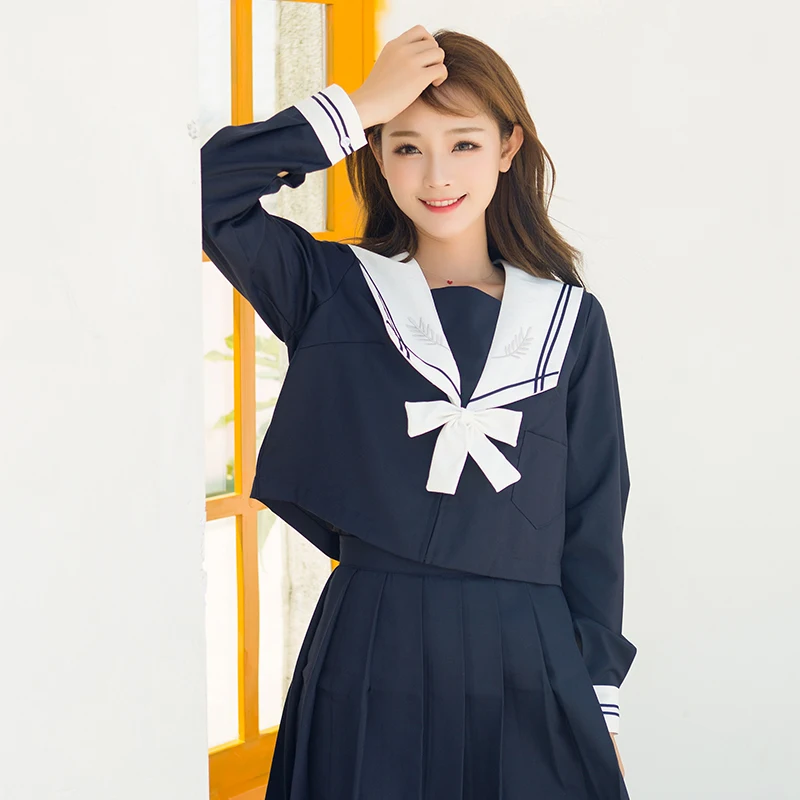 Navy blue Anime Sailor Suit Cosplay Costumes JK Uniform School Shirt Skirt Bow Suit Short /Long Sleeves Full Set For Women Girls