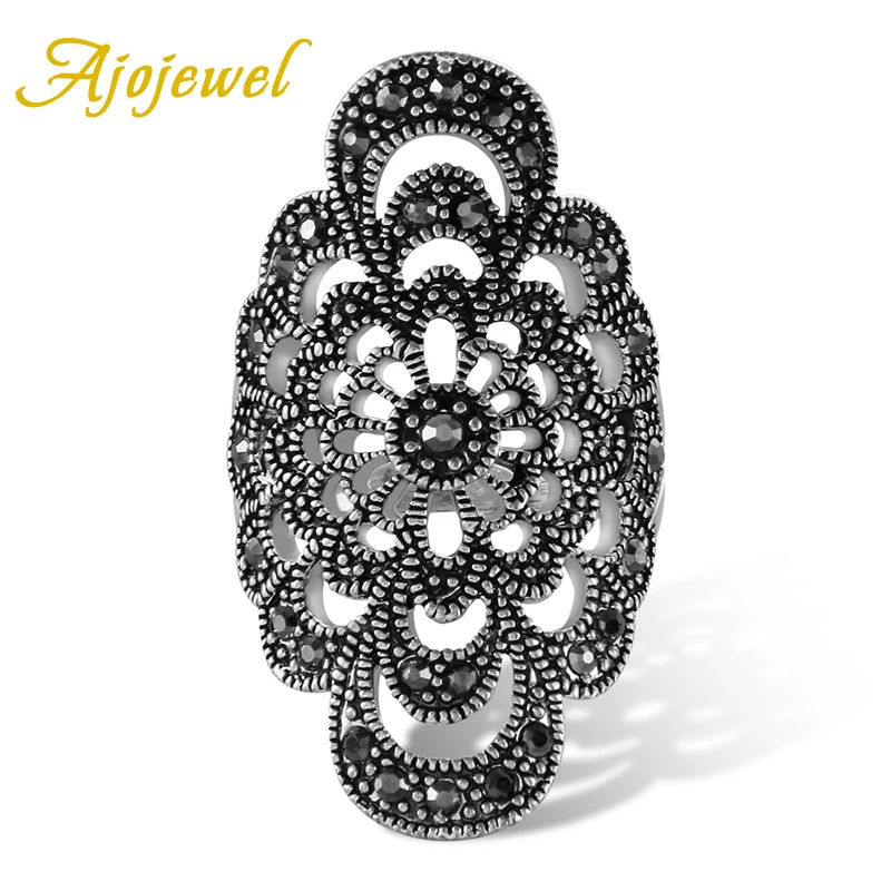 Ajojewel #7-10 Hollow Flower Female Ring Black Rhinestone Antique Jewelry New Fashion Accessories