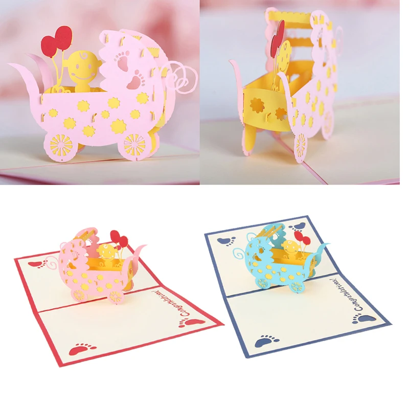 S-home New 3D Baby Carriages Greeting Card Pop Up Paper Cut Postcard Birthday Party Gift MAR30