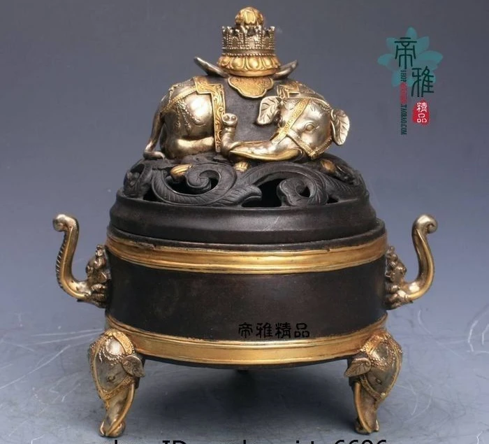 Chinese Buddhism Copper 24K Gold Gild Silver-gilt Elephant Incense Burner Censer