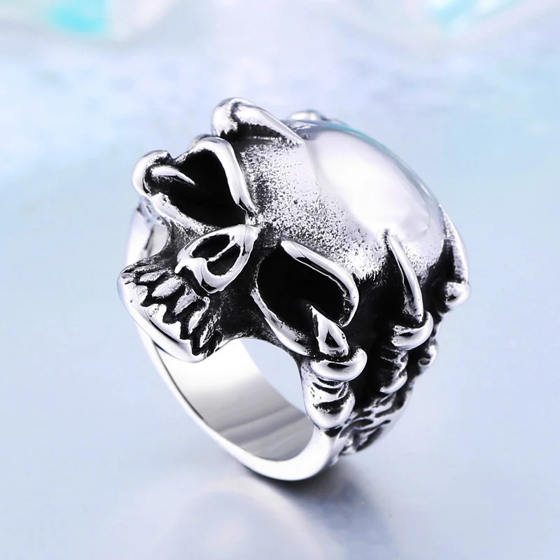 Dropshipping Wholesale 316L Stainless Steel Jewelry Men\'s Gothic Punk Claw Thingking Skull Skeleton Rings BR8-049 US Size