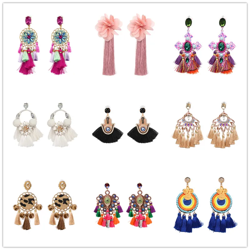 FASHIONSNOOPS Tassel Earrings for Women Crystal Beads Handmade Ethnic Long Dangle Charms Wedding Oorbellen Acessorios Earings