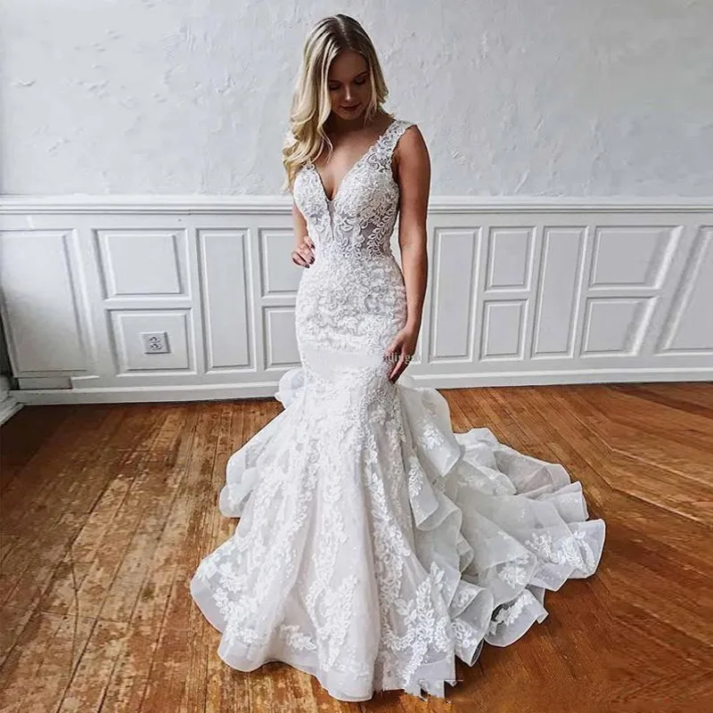 Robe de mariee Romantische Rüschen Zug Meerjungfrau Spitze Brautkleider 2019 Tiefem V-ausschnitt Sexy Backless Braut Kleid Hochzeit Kleider