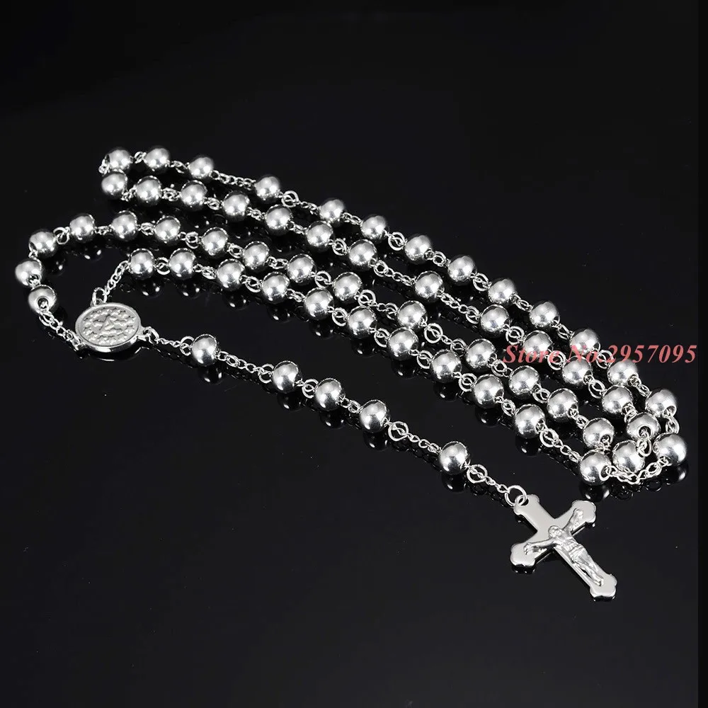 4/6/8/10MM Classic Womens Mens Necklace Stainless Steel Silver Color Bead Rosary Chain Jesus Christ Cross Pendant Free Shipping