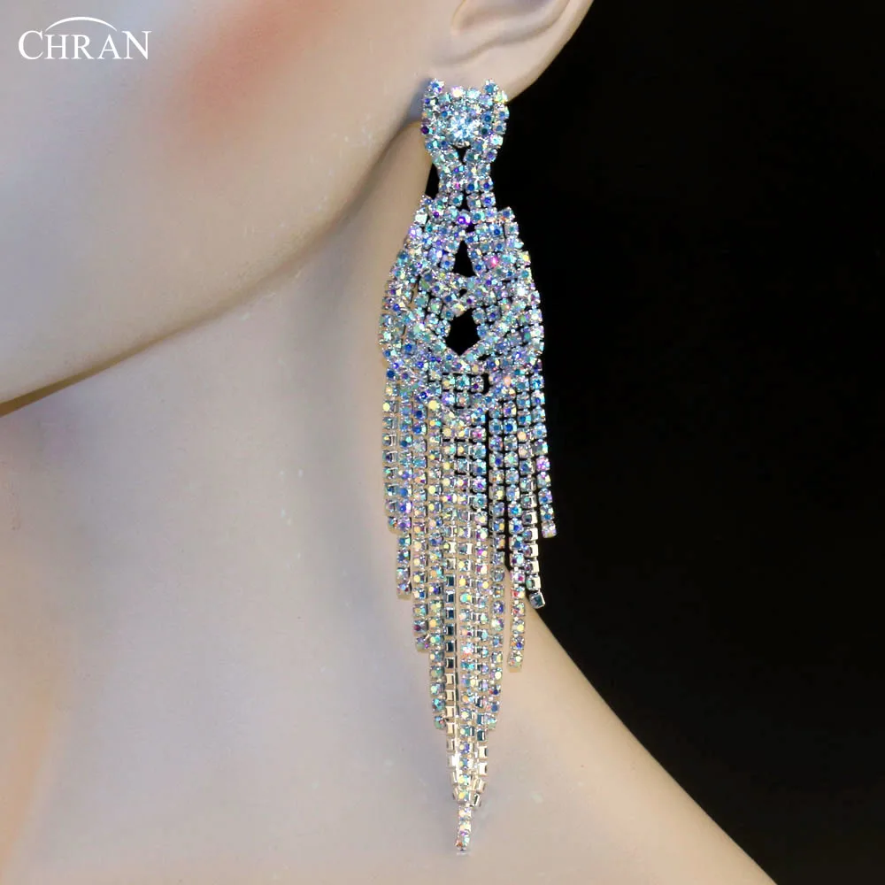 CHRAN Silver Rhinestone Long Tassel Earrings Elegant Crystal Eardrop Festival Wedding Jewelry for Women