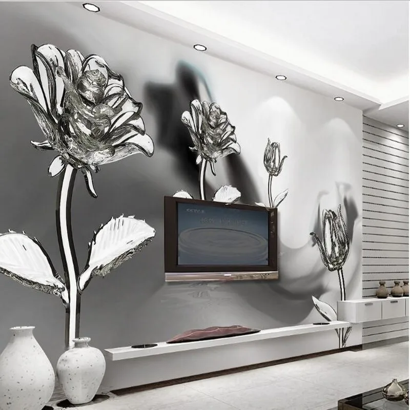 

wellyu Custom large fresco black and white ink transparent crystal glass roses 3d TV backdrop nonwovens super green wallpaper